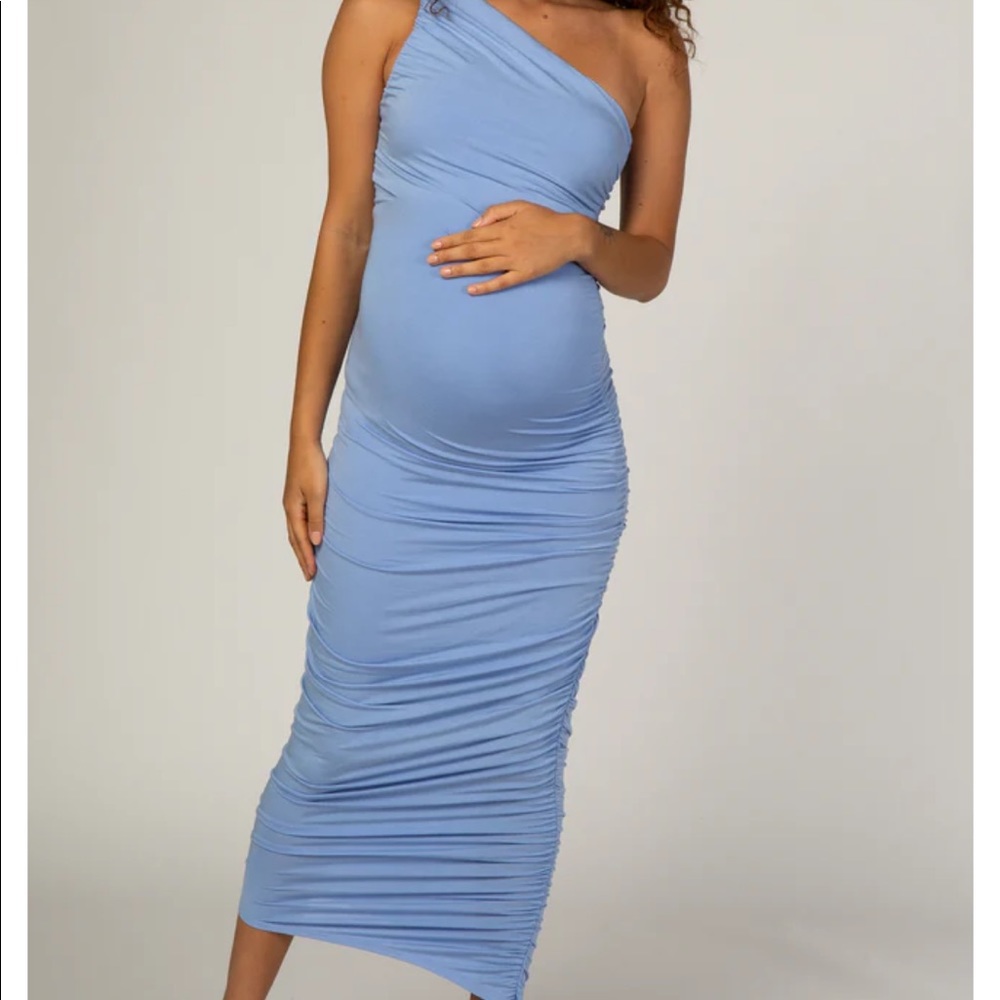 PinkBlush Light Blue Ruched One Shoulder Maternity Dress